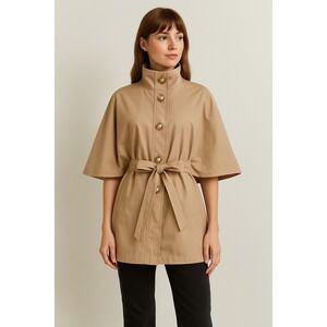 Betsey Johnson Pearl Button Cape Jacket Small Beige Animal Print Liner Tie Waist